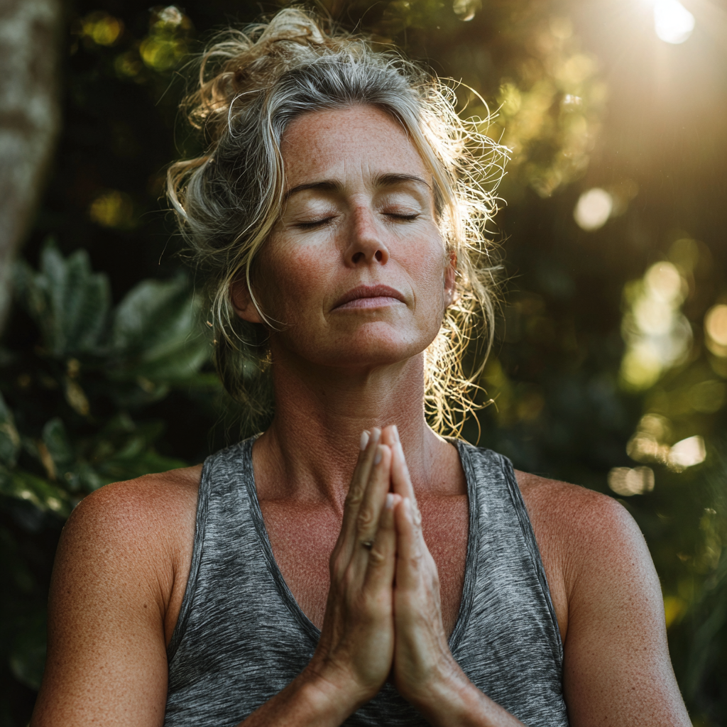 Healthy middle-aged woman in her 40s doing yoga outdoors, showing peaceful meditation pose in natural setting