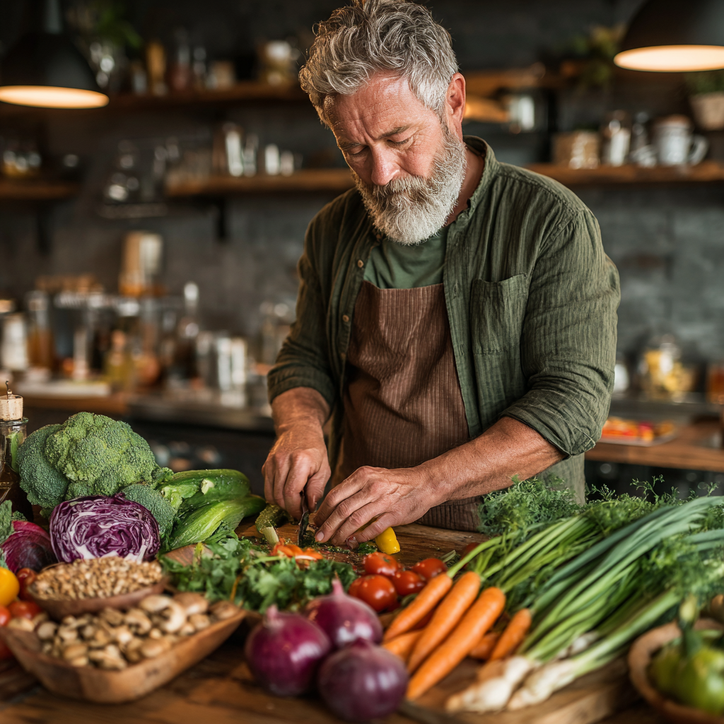 Mature man in his 50s preparing healthy meal in modern kitchen, focusing on fresh vegetables and nutritious ingredients